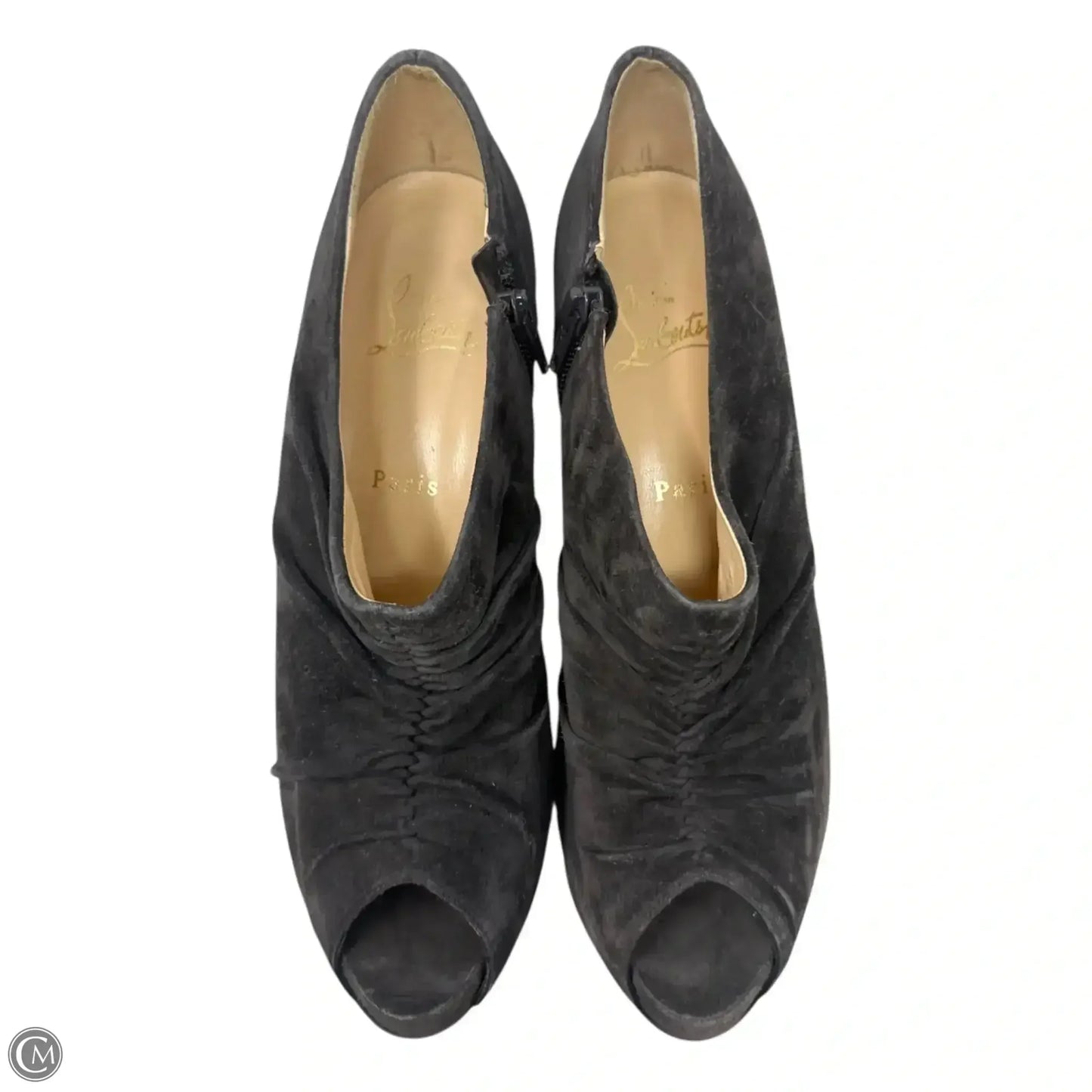 Treopli 120mm Peep Toe Ruched Booties Luxury Designer By Christian Louboutin In Grey, Size: US 10.5/IT 40.5