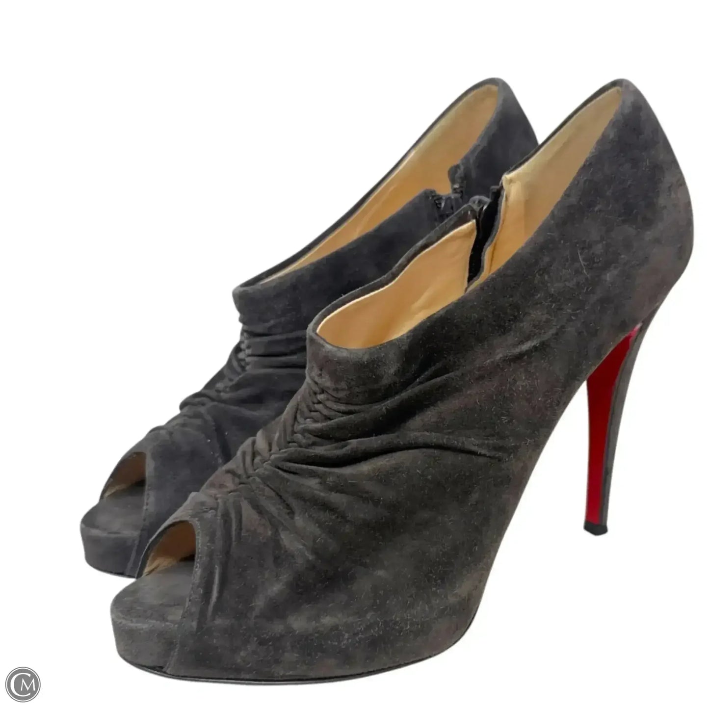Treopli 120mm Peep Toe Ruched Booties Luxury Designer By Christian Louboutin In Grey, Size: US 10.5/IT 40.5