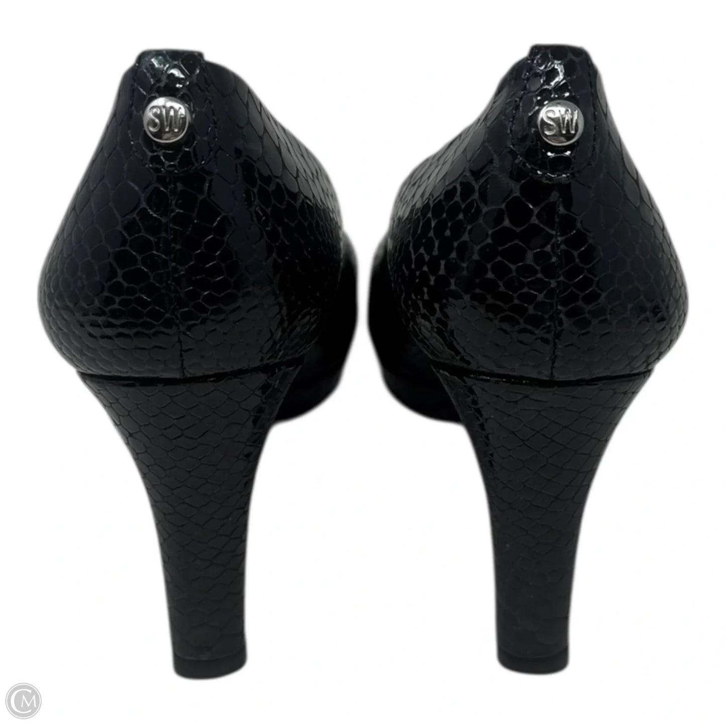 Peep Toe Croc Heels Shoes Designer By Stuart Weitzman In Black, Size: 7.5