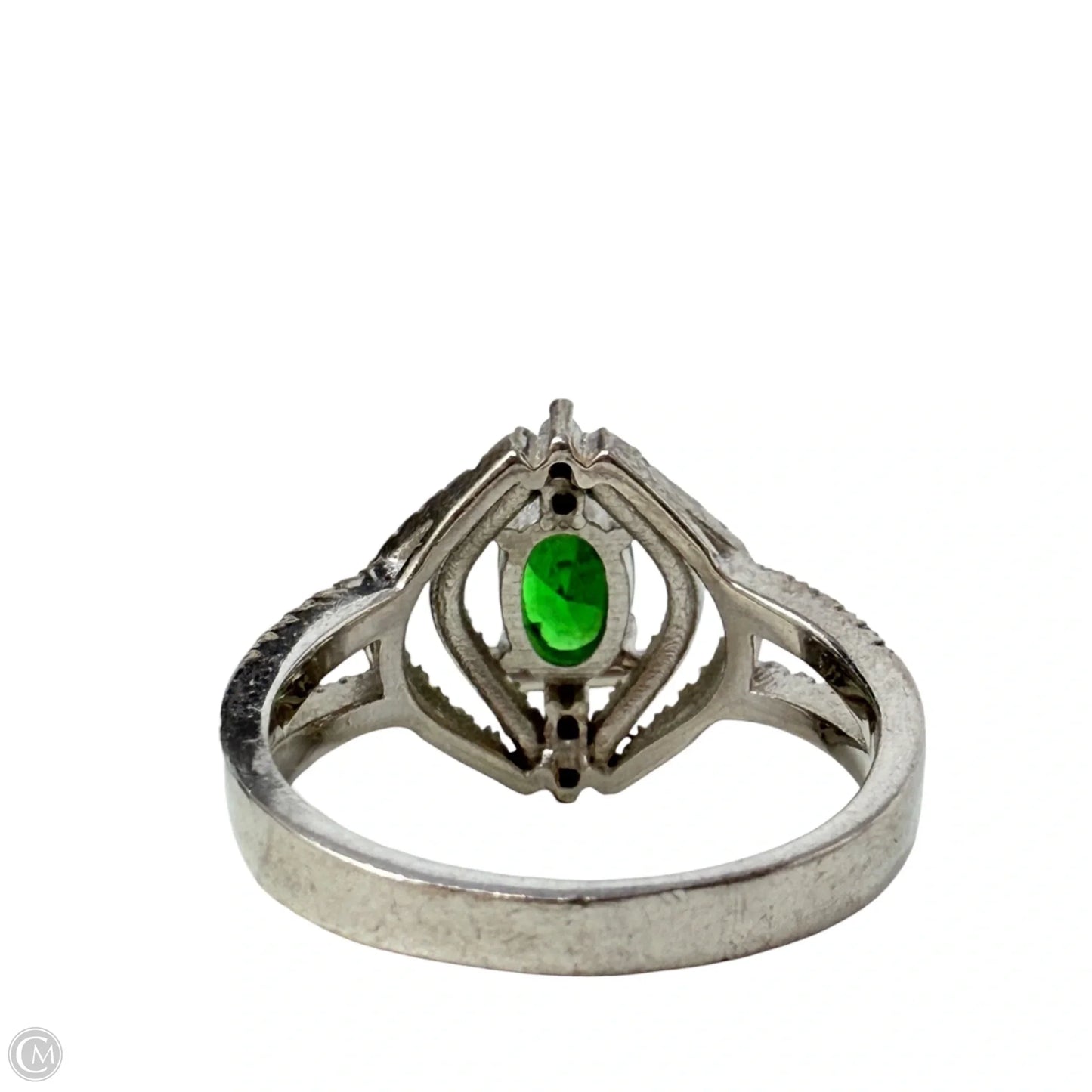 Art Deco Sterling Silver CZ & Oval Emerald Cocktail Ring, Size: 7