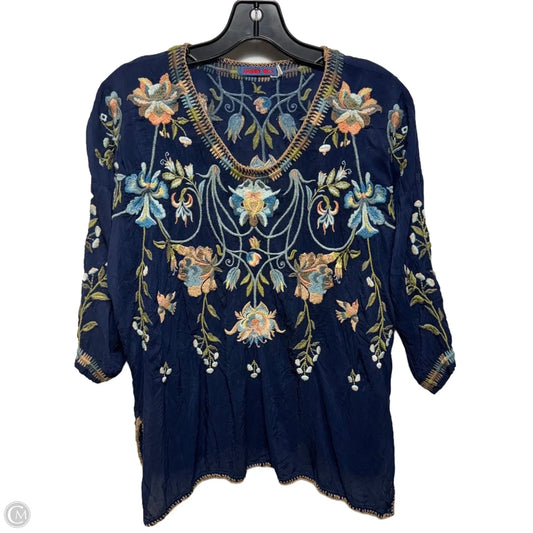 Embroidered Top 3/4 Sleeve By Johnny Was In Navy, Size: Xs