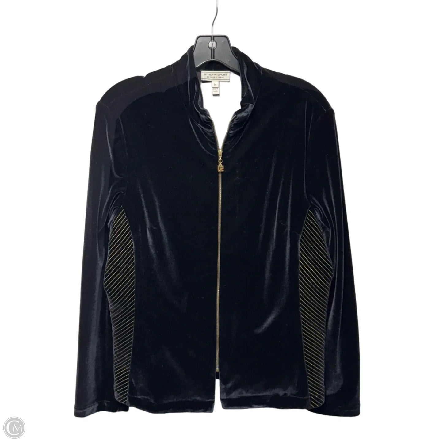 Velvet Track Jacket Luxury Designer By St John Sport In Black & Gold, Size: M