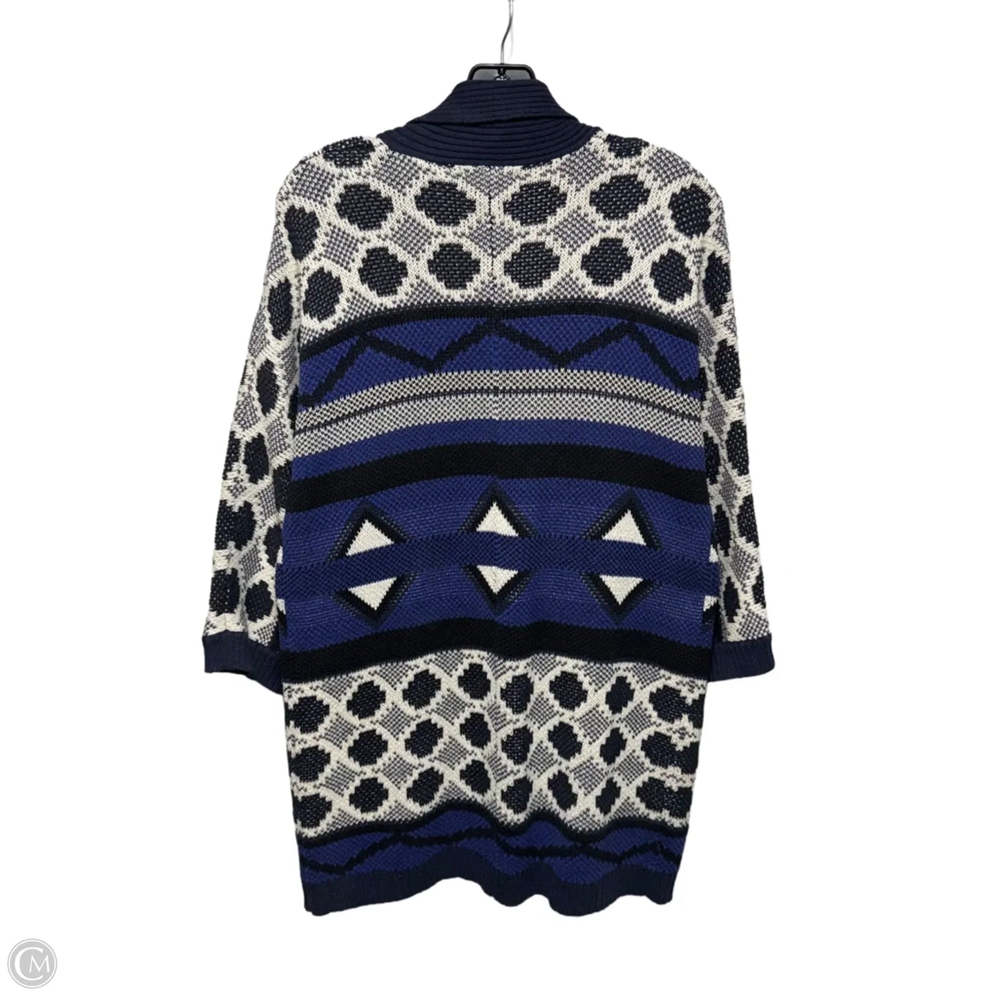 Intarsia Tribal Print Open Front Longline Cardigan Sweater By Lucky Brand In Blue & White, Size: XS