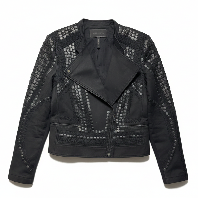 Jaison Sequin Cropped Moto Jacket By Bcbgmaxazria In Black, Size: M