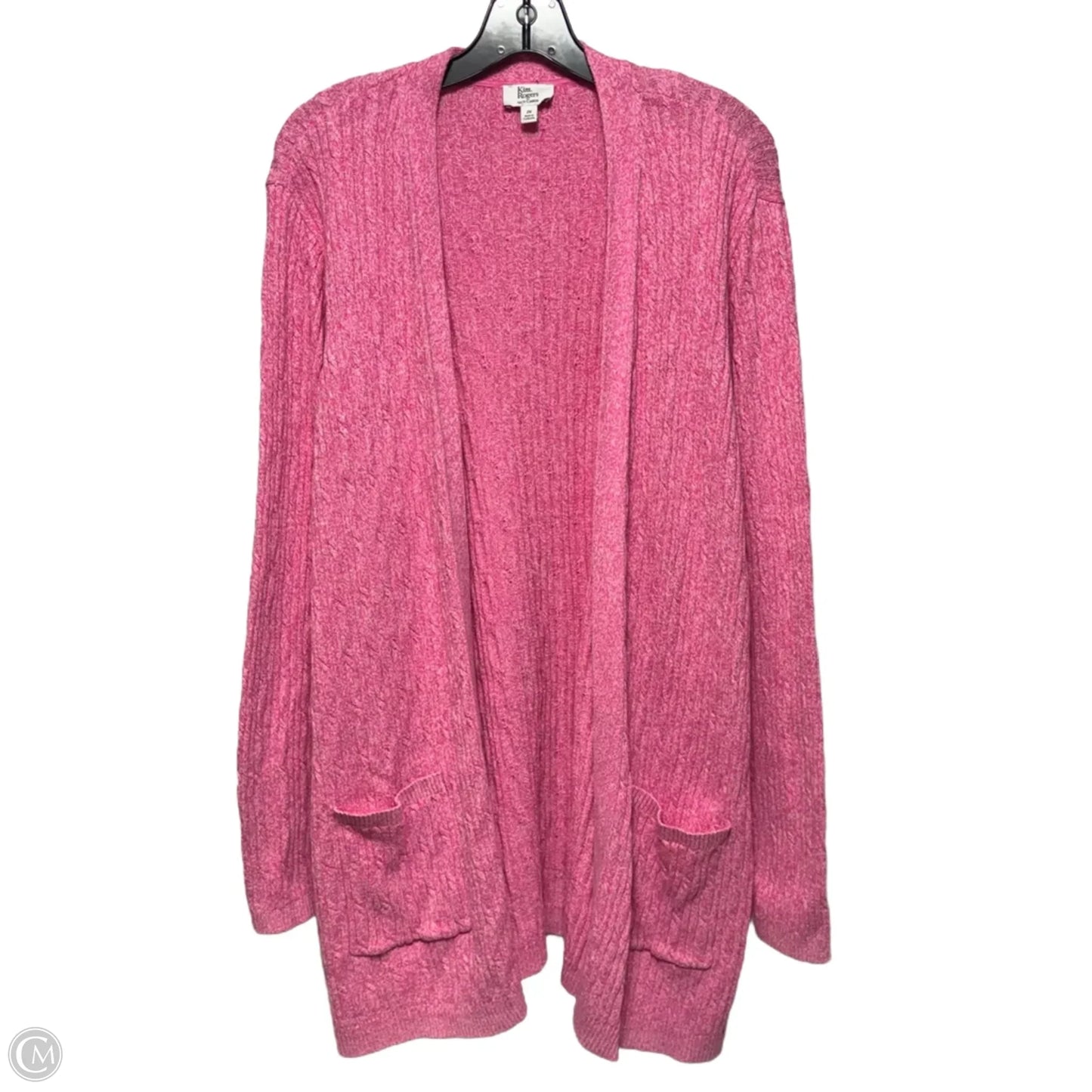 Plus Size Long Sleeve Cable Knit Cardigan Sweater By Kim Rogers In Pink, Size: 2X