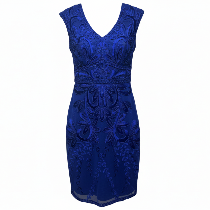 Embroidered Lace V- Neck Sheath Dress By Sue Wong In Blue, Size: 2
