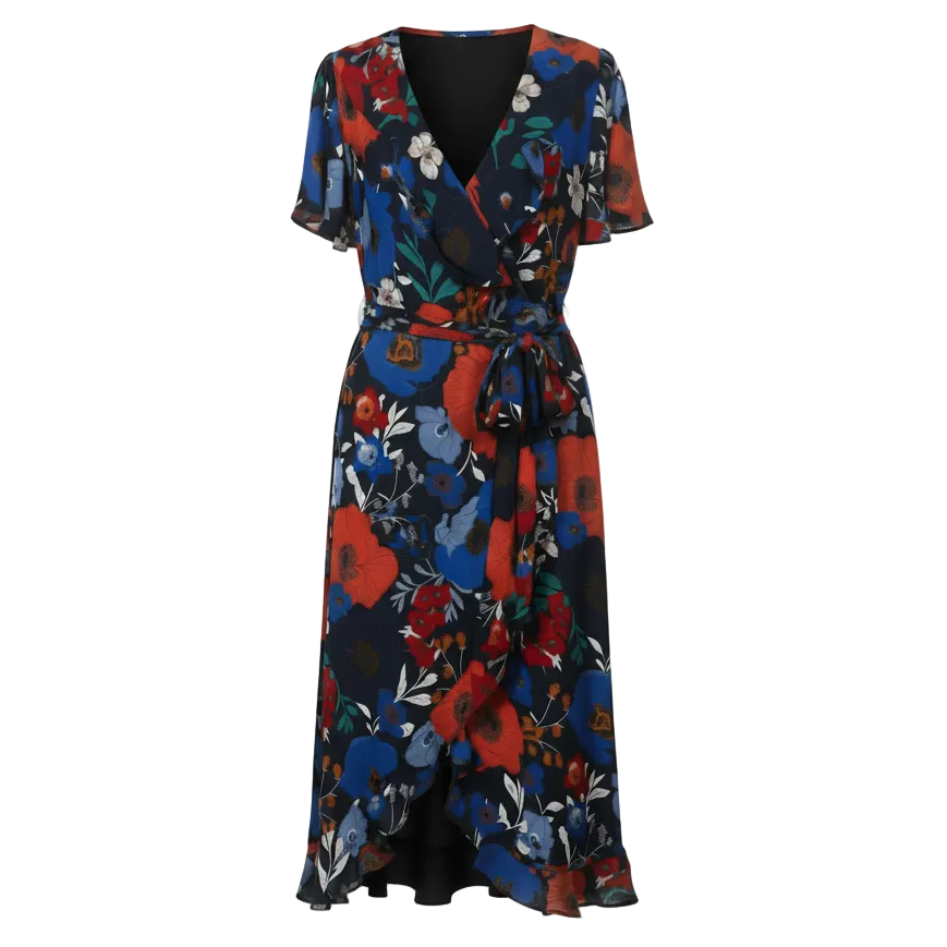 Ruffle Faux Wrap Fit & Flare Midi Dress By Lane Bryant In Floral Print, Size: 24