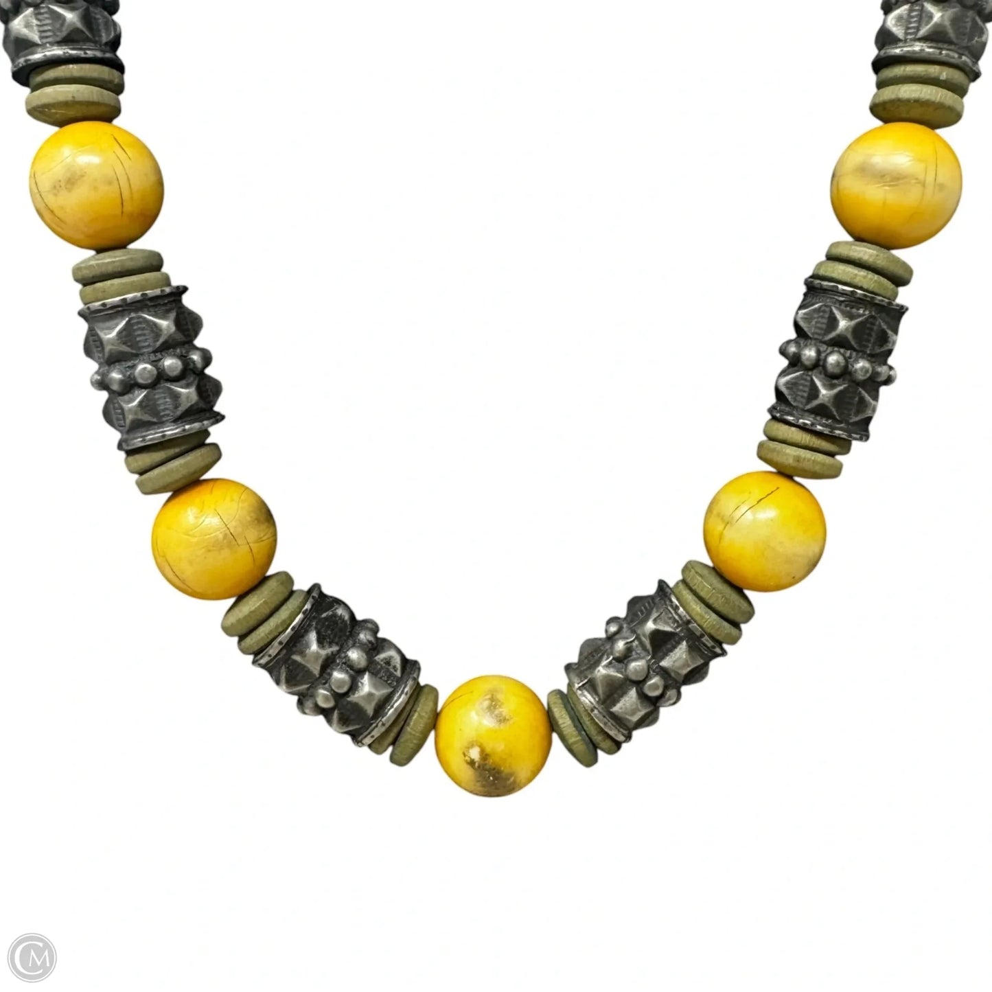 Vintage Dyed Bone, Silver Barrel Bead, & Wooden Spacer Beads Necklace Statement By Ben-Amun