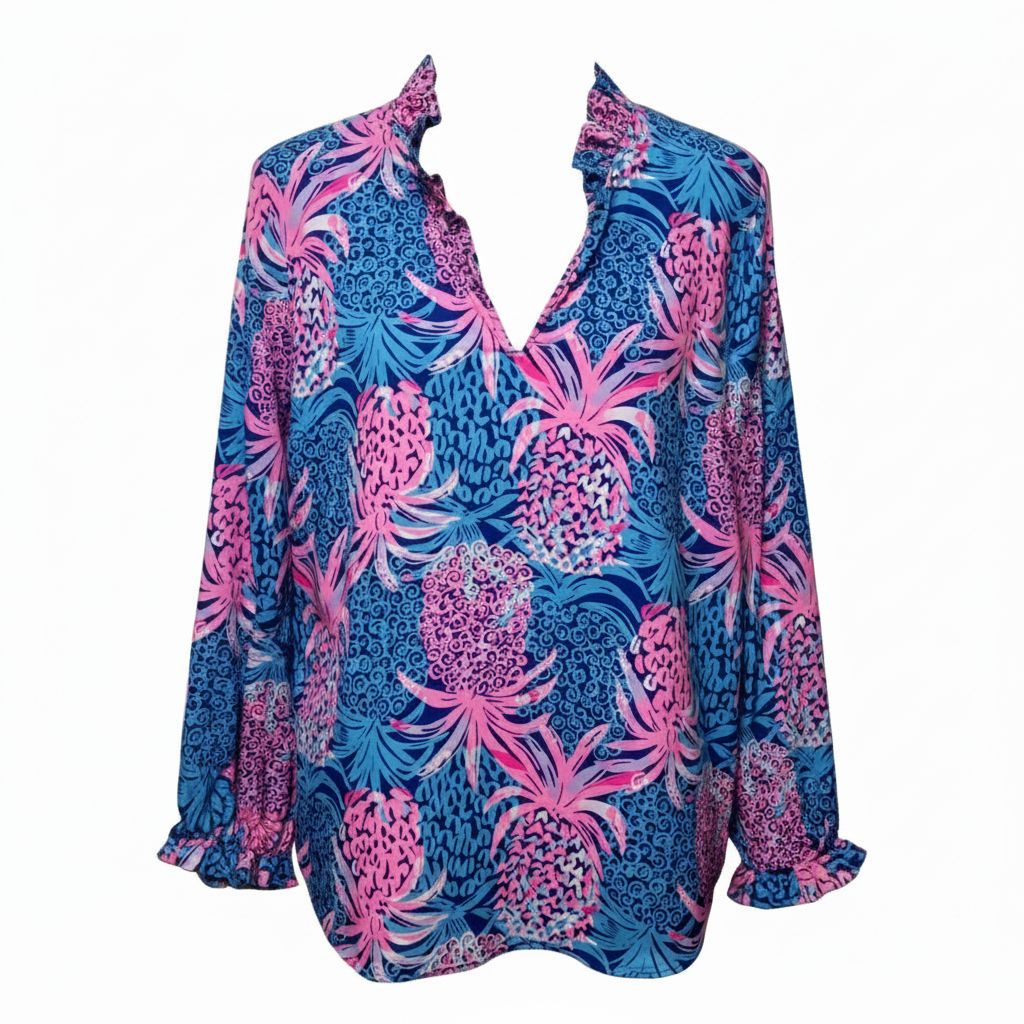 Sherida 100% Cotton Top Long Sleeve Designer By Lilly Pulitzer In Floral Print, Size: L