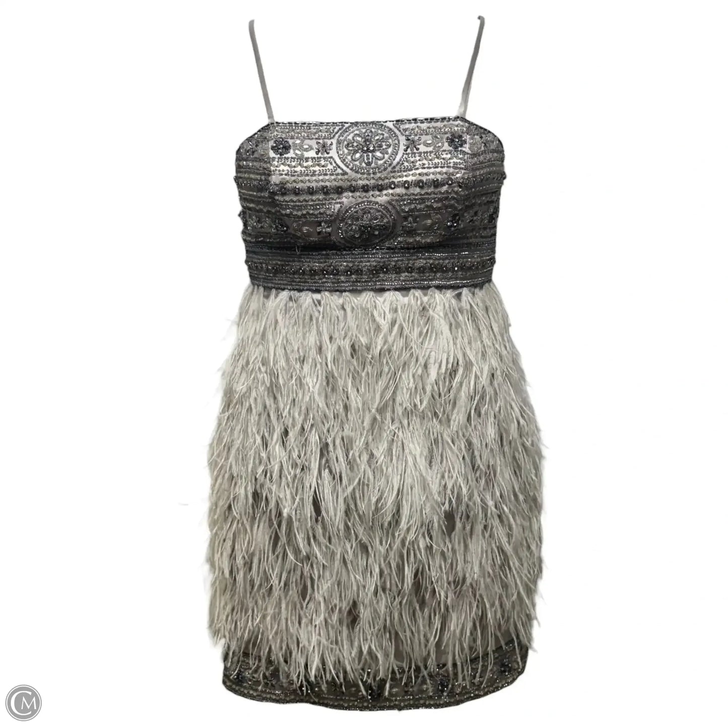 Beaded Ostrich Feather Cocktail Dress Party Short By Sue Wong Nocturne In Silver, Size: 6