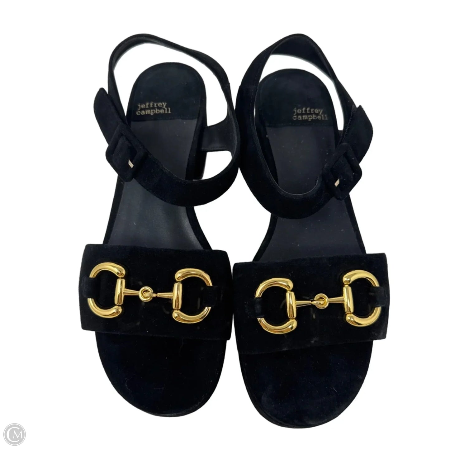 Horsebit Shoes Heels Block By Jeffrey Campbell In Black & Gold, Size: 8.5