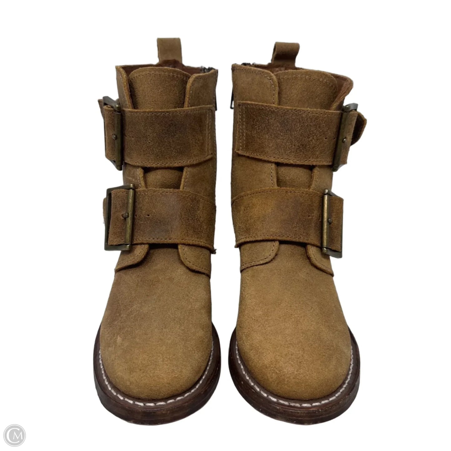 Sabrina Double Buckle Boots Designer By Frye In Tan, Size: 5.5