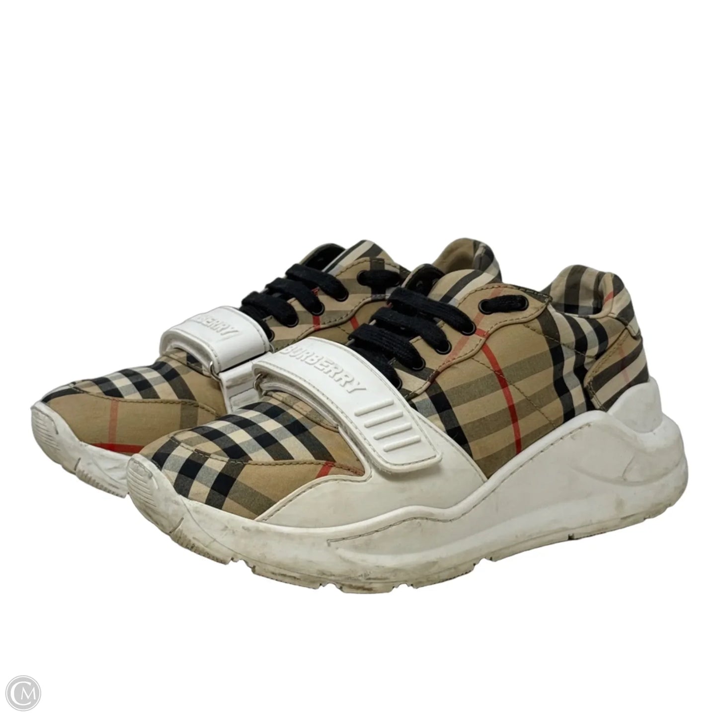 Regis Check Logo Sneakers Luxury Designer By Burberry In Plaid Pattern, Size: 8.5