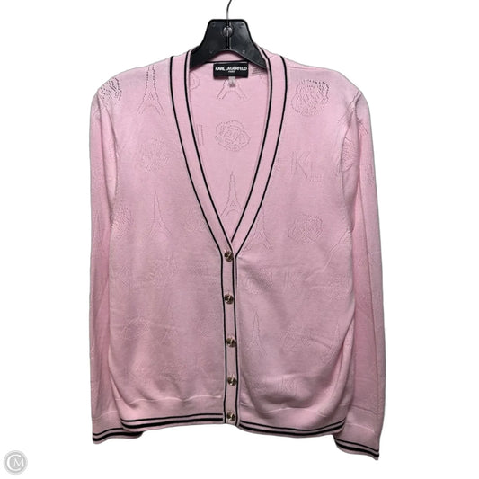 Sweater Cardigan Designer By Karl Lagerfeld In Black & Pink, Size: L