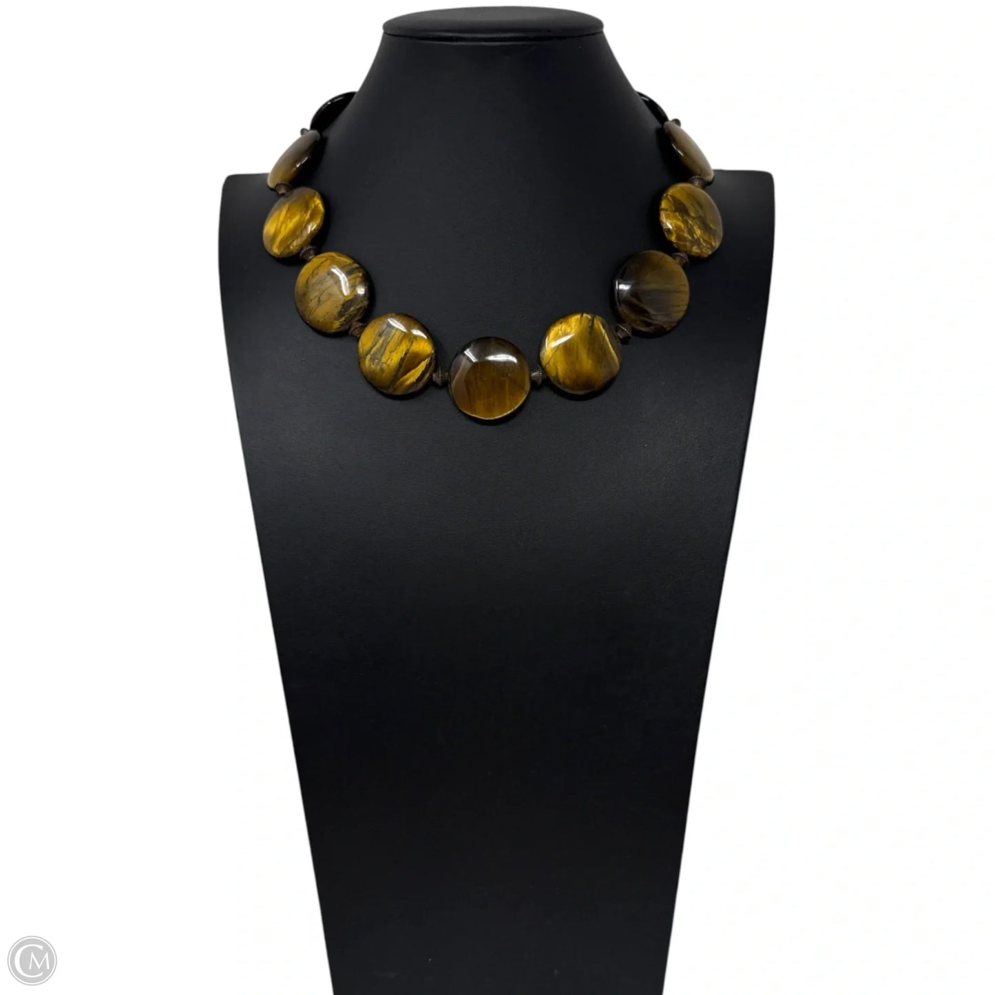 Vintage Flat Disc Tigers Eye Coin & Copper Tone Beaded Collar Necklace With Toggle Clasp