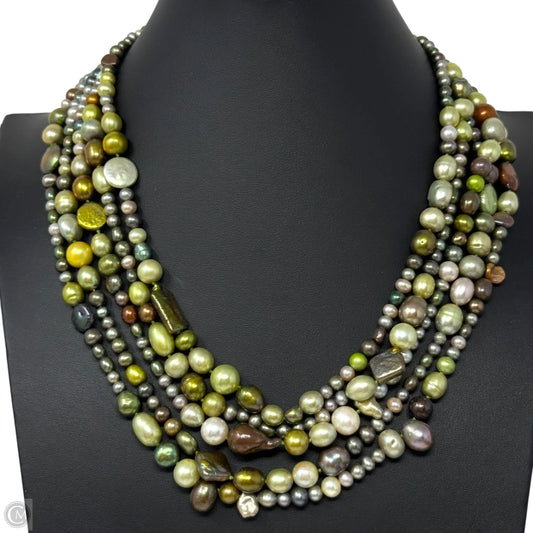 Multicolor 5-Strand Layered Pearl Necklace with Sterling Silver Toggle Clasp