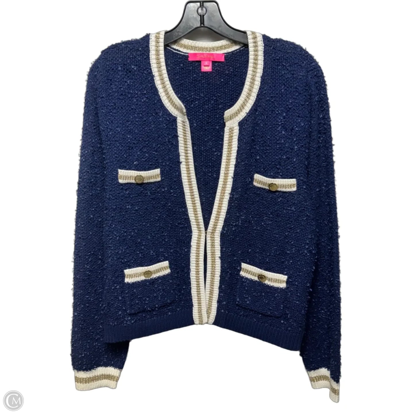 Sweater Cardigan Designer By Lilly Pulitzer In Blue & White, Size: L