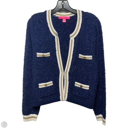 Sweater Cardigan Designer By Lilly Pulitzer In Blue & White, Size: L