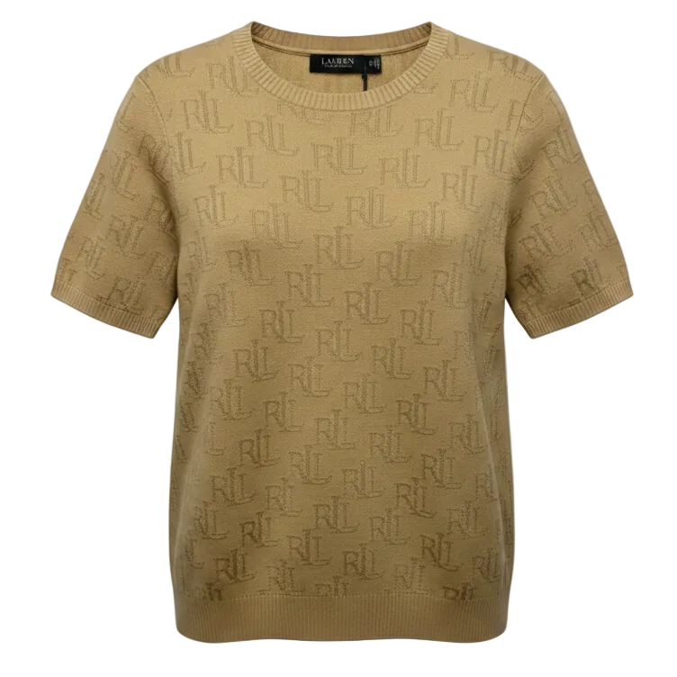 Monogram Jacquard Short-Sleeve Sweater By Lauren By Ralph Lauren In Tan, Size: 1x