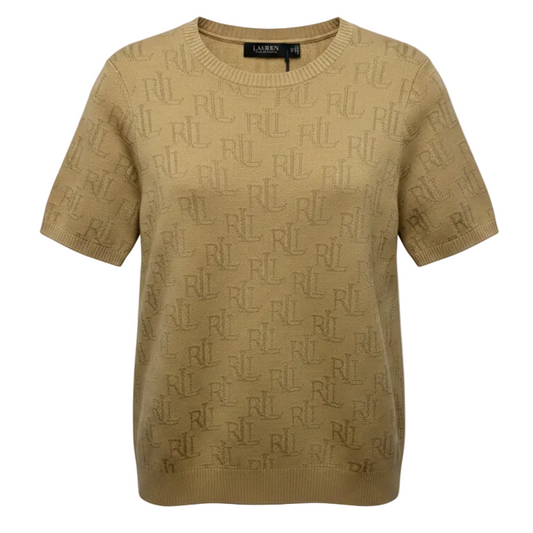 Monogram Jacquard Short-Sleeve Sweater By Lauren By Ralph Lauren In Tan, Size: 1x