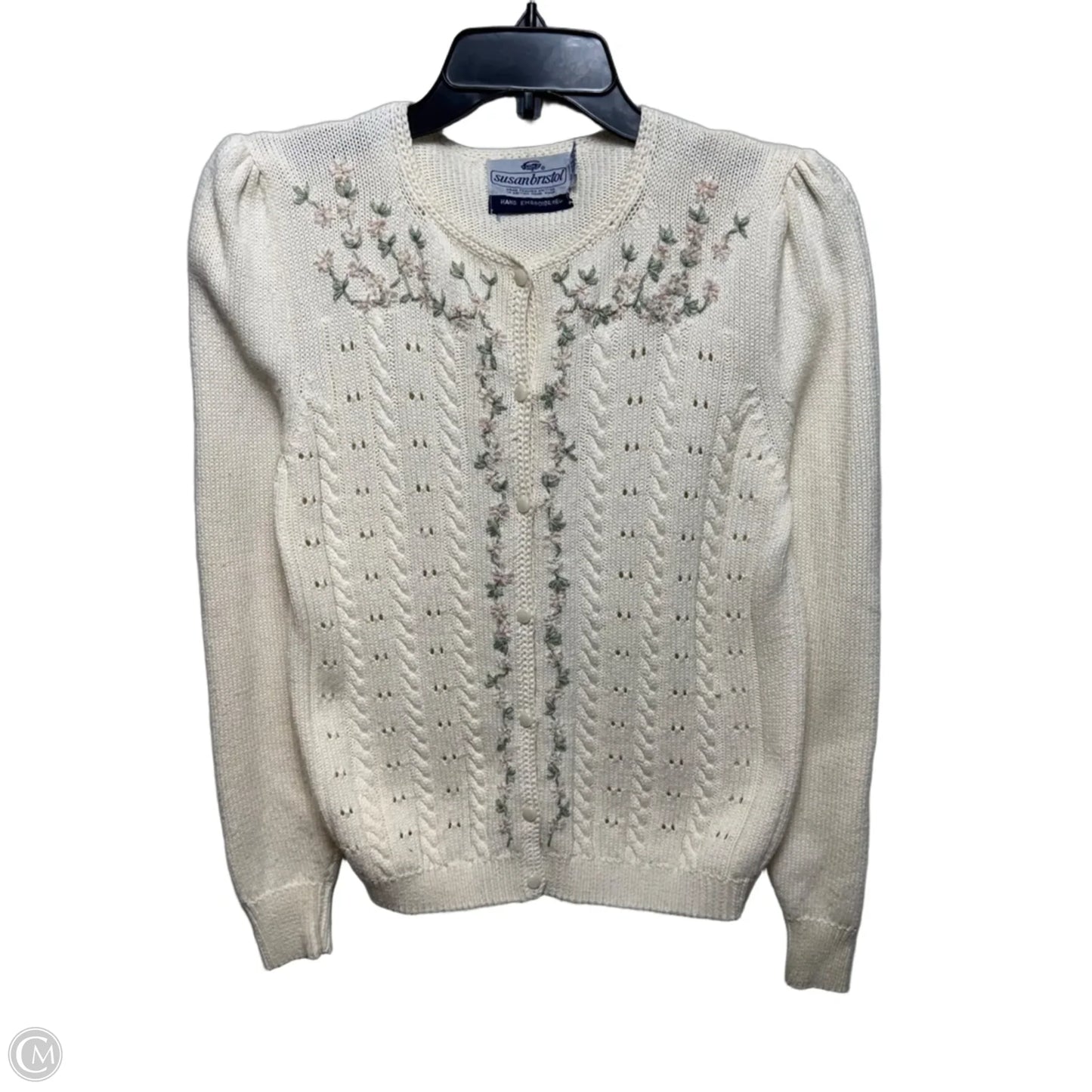 Hand Embroidered Sweater Cardigan By Susan Bristol In Cream, Size: S