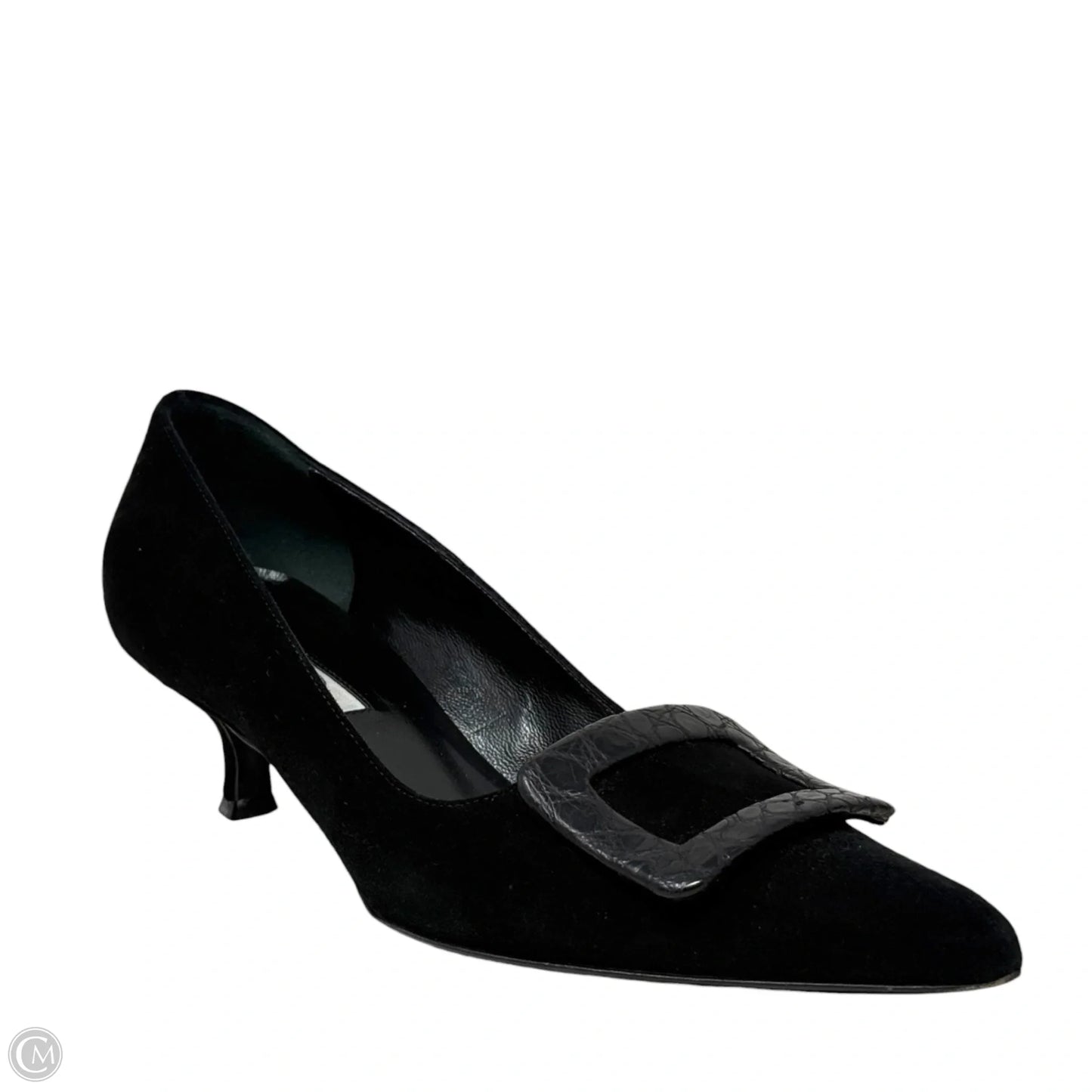 Vintage Buckle Accent Suede Kitten Heel Pumps Luxury Designer By Oscar De La Renta In Black, Size: 6.5