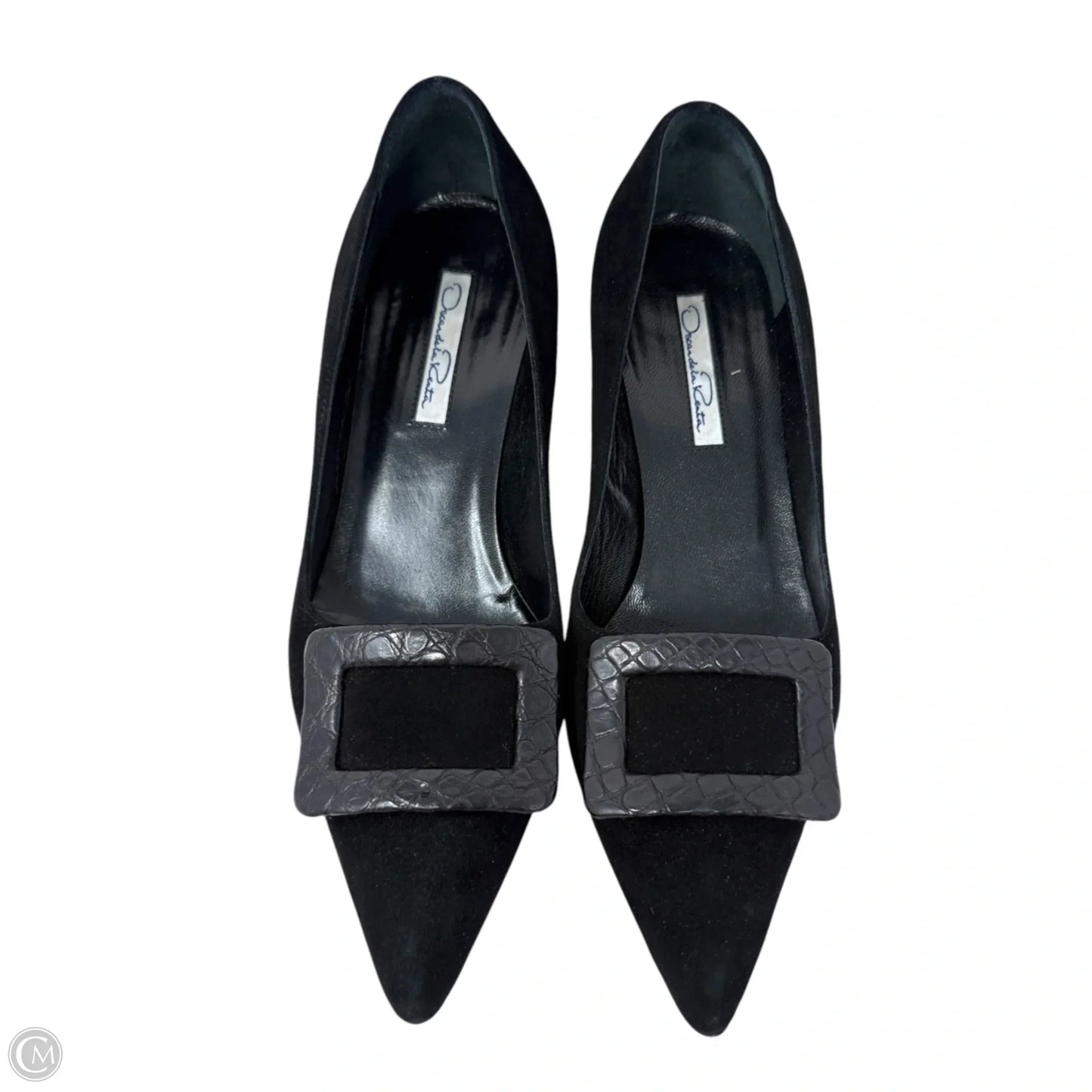 Vintage Buckle Accent Suede Kitten Heel Pumps Luxury Designer By Oscar De La Renta In Black, Size: 6.5