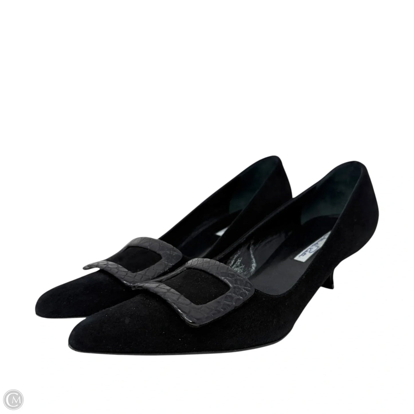 Vintage Buckle Accent Suede Kitten Heel Pumps Luxury Designer By Oscar De La Renta In Black, Size: 6.5