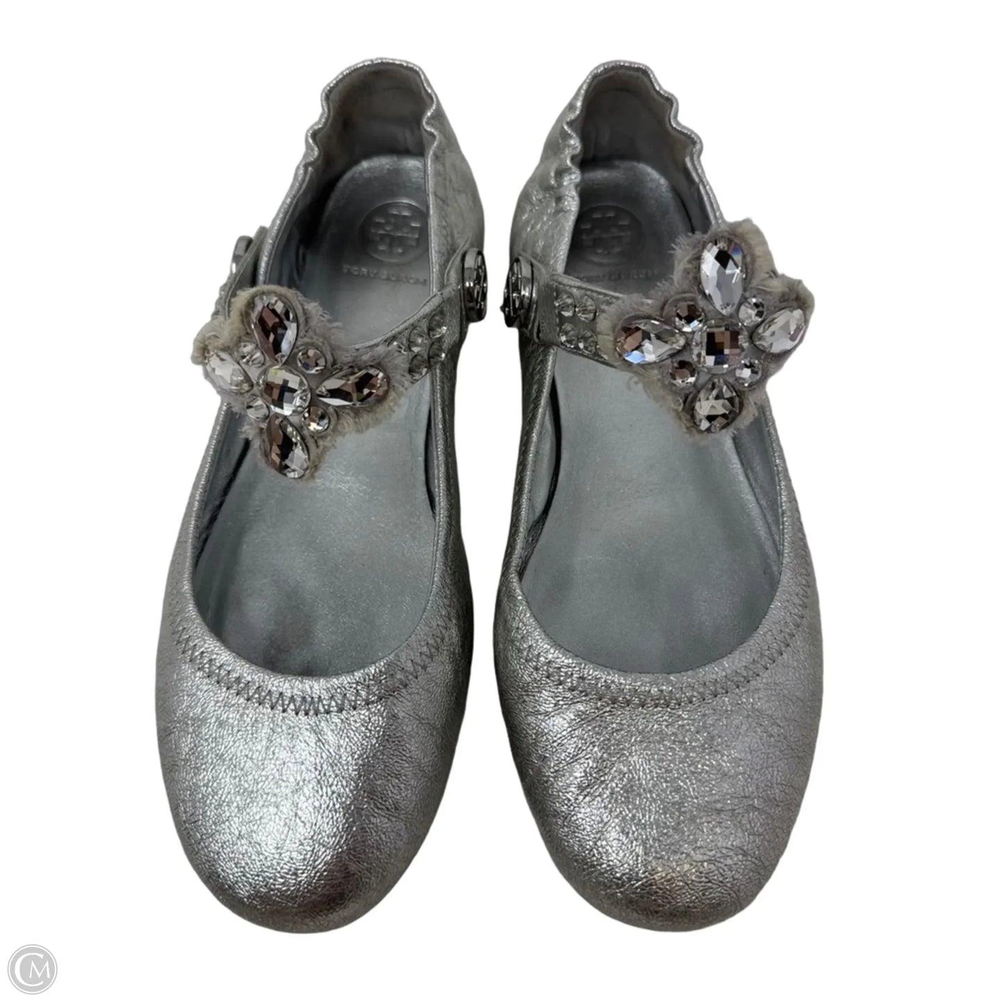 Minnie Embellished Two Way Ballet Flats Designer By Tory Burch In Silver, Size: 8