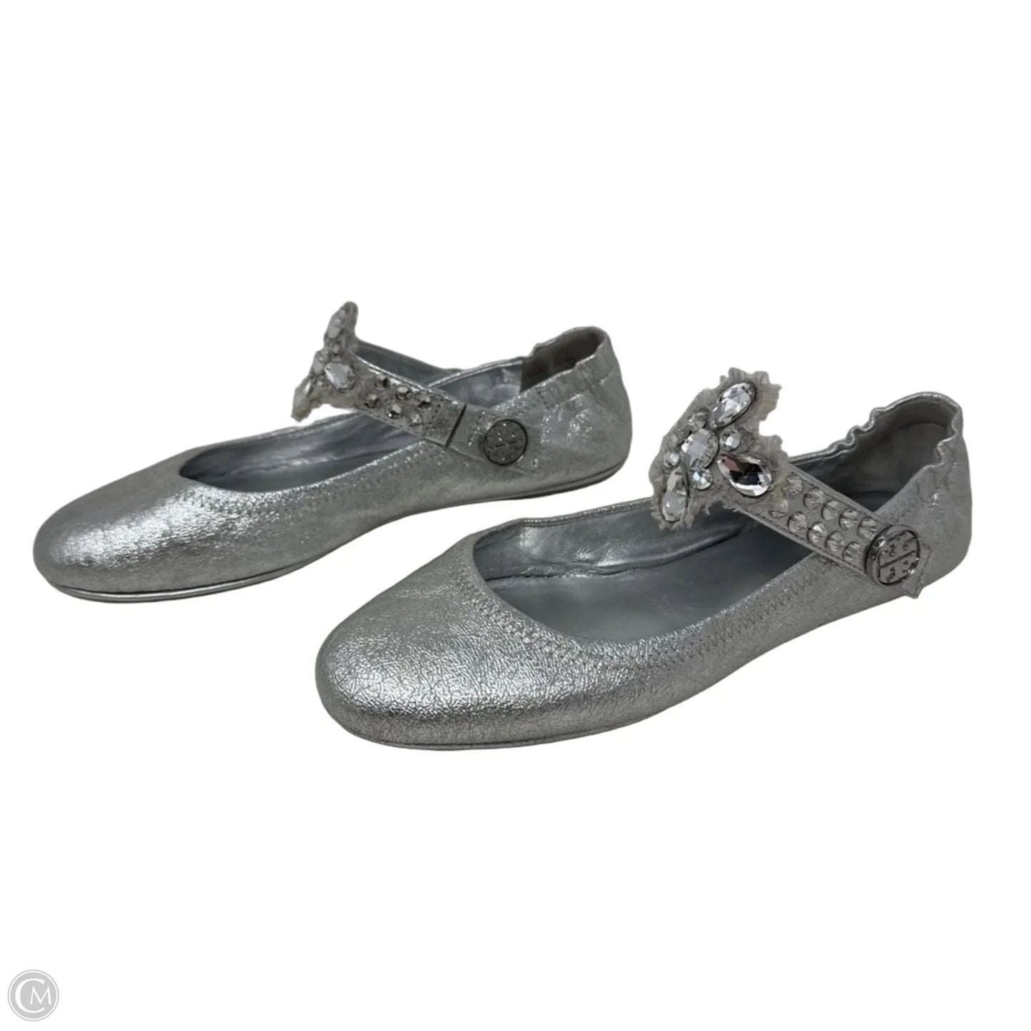 Minnie Embellished Two Way Ballet Flats Designer By Tory Burch In Silver, Size: 8