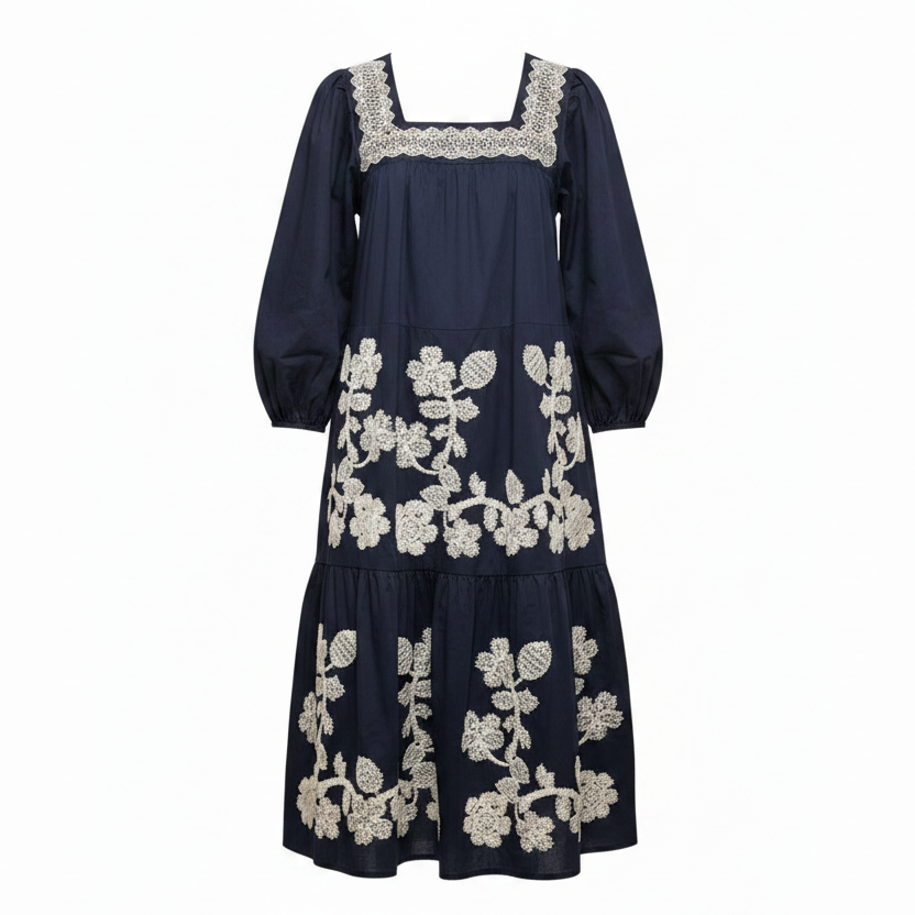 Square Neck Embroidered Dress Casual Maxi By &merci In Navy, Size: M