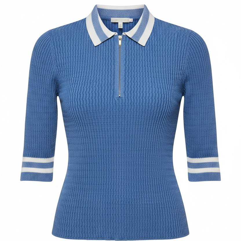 Jorja Half-Zip Polo Short Sleeve By Veronica Beard In Blue & White, Size: M