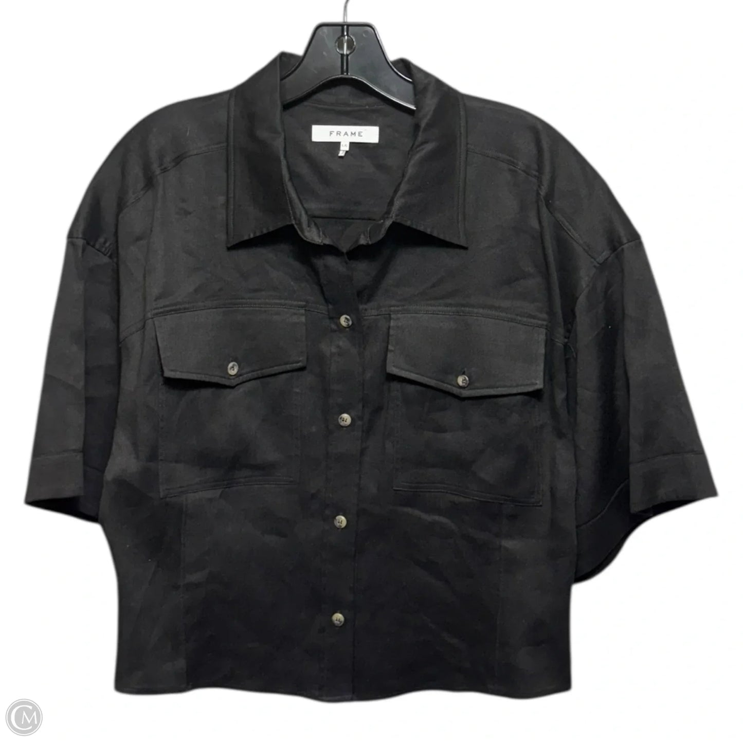 Linen Short Sleeve Cropped Button Down By Frame In Black, Size: L