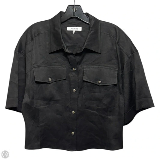Linen Short Sleeve Cropped Button Down By Frame In Black, Size: L