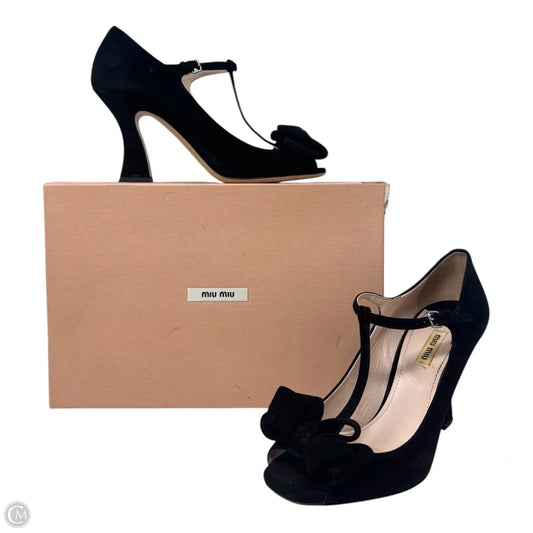 Suede T Strap Peep Toe Heels Shoes Luxury Designer By Miu Miu In Black, Size: 10 (IT 40)