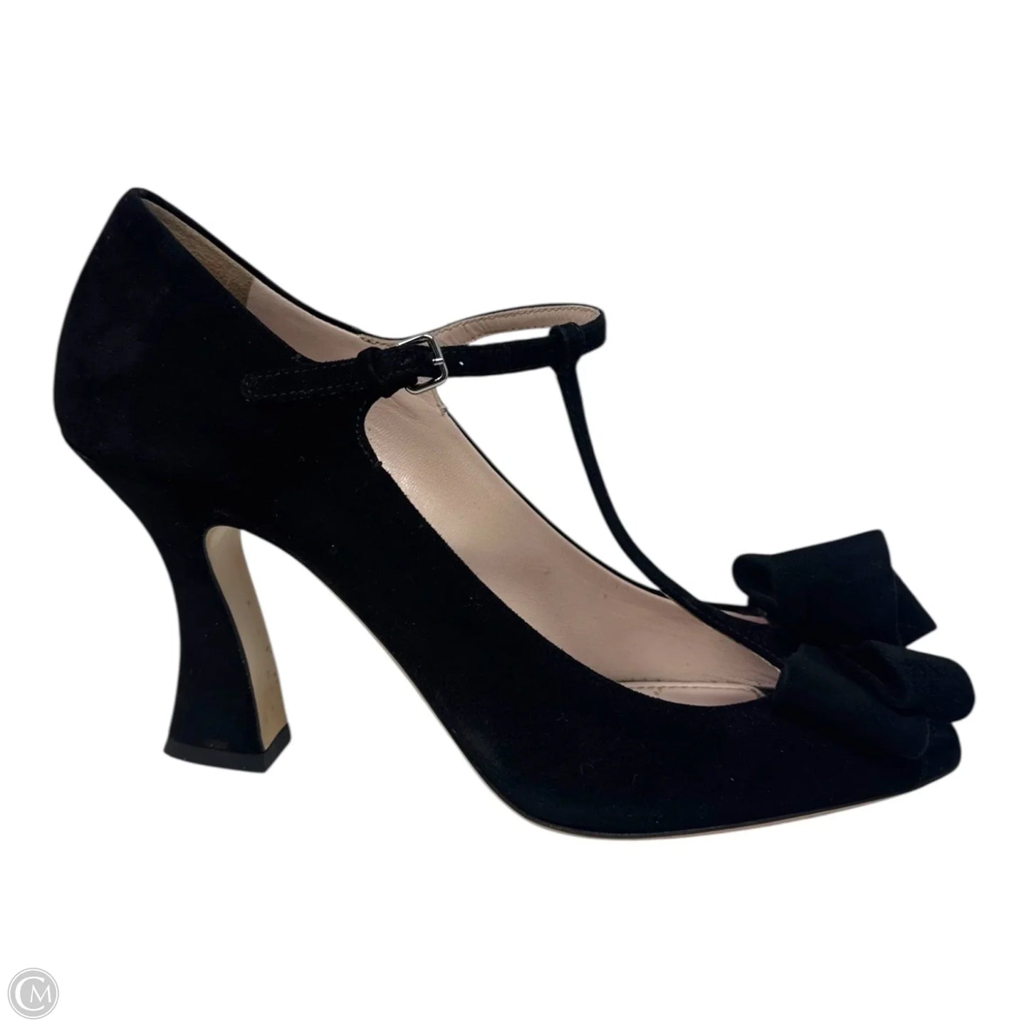 Suede T Strap Peep Toe Heels Shoes Luxury Designer By Miu Miu In Black, Size: 10 (IT 40)