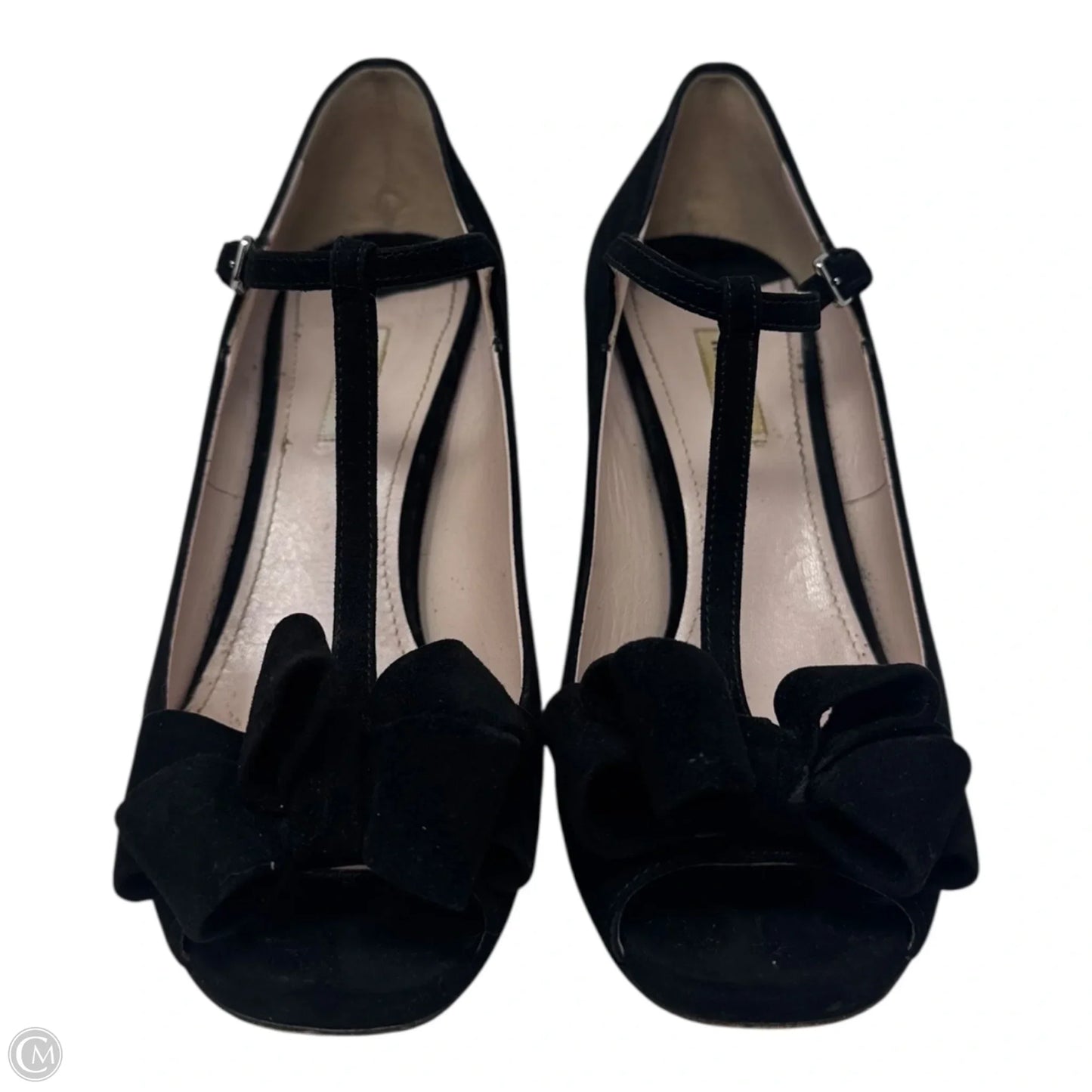Suede T Strap Peep Toe Heels Shoes Luxury Designer By Miu Miu In Black, Size: 10 (IT 40)