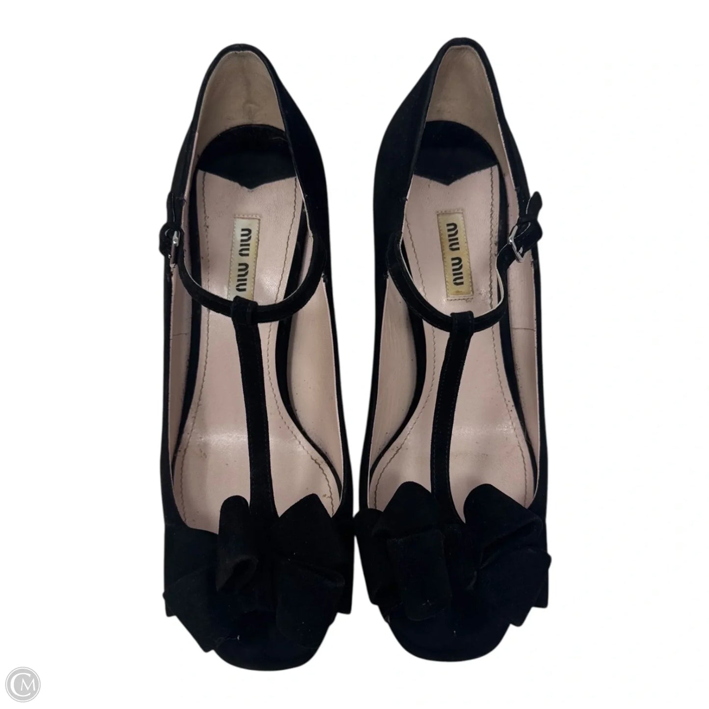 Suede T Strap Peep Toe Heels Shoes Luxury Designer By Miu Miu In Black, Size: 10 (IT 40)