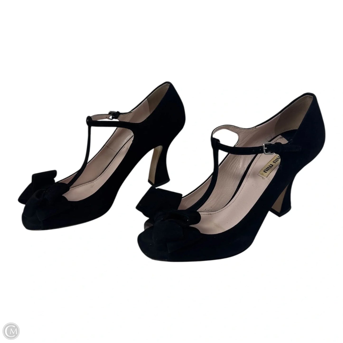 Suede T Strap Peep Toe Heels Shoes Luxury Designer By Miu Miu In Black, Size: 10 (IT 40)
