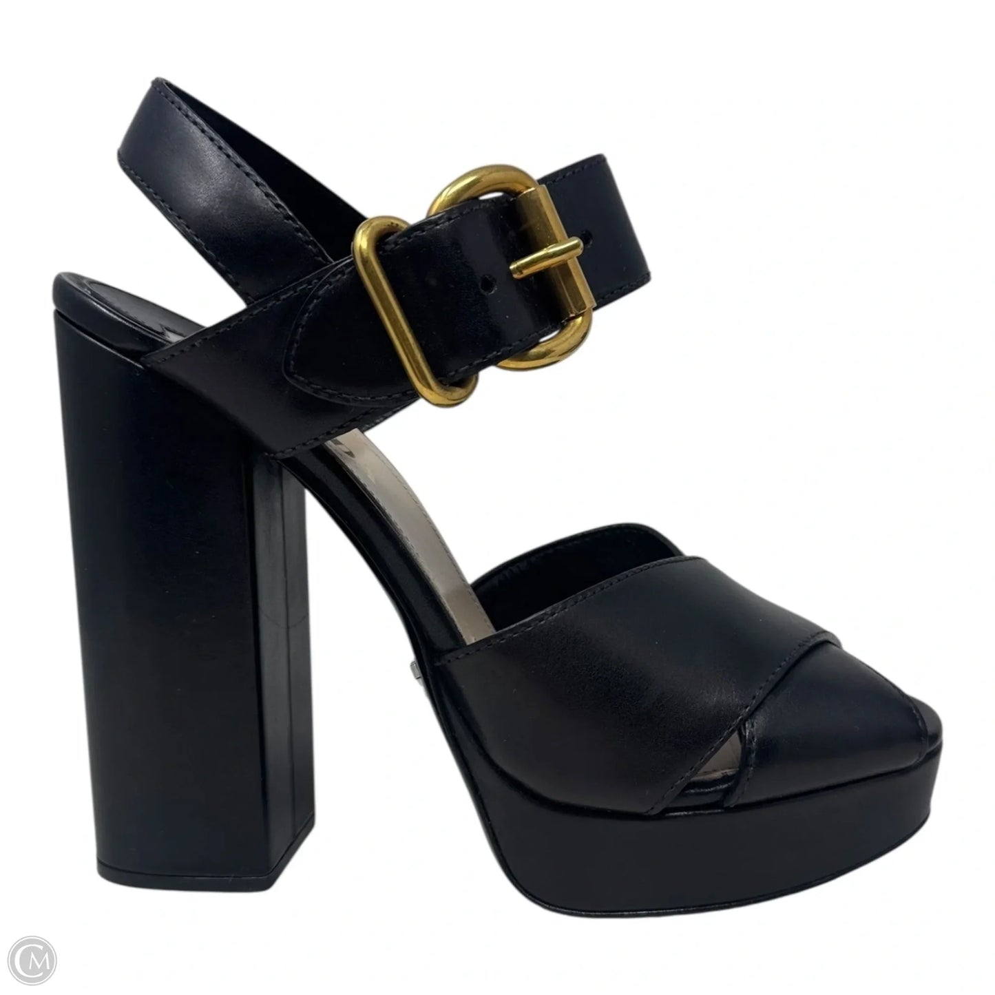 Platform Buckle Block Heels Shoes Luxury Designer By Prada In Black, Size: 11 (IT 41)