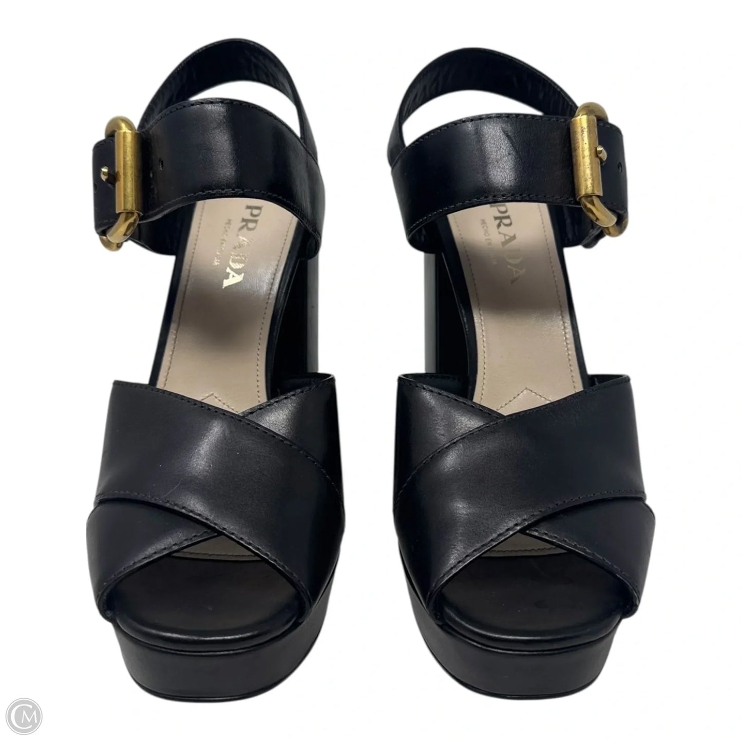 Platform Buckle Block Heels Shoes Luxury Designer By Prada In Black, Size: 11 (IT 41)