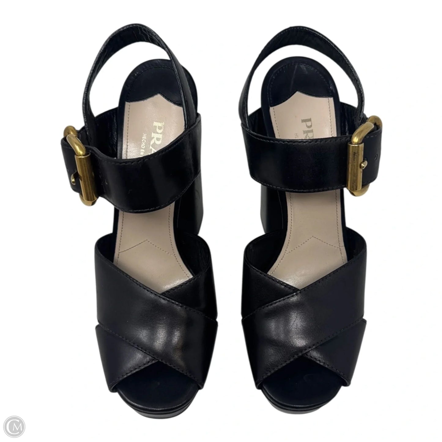 Platform Buckle Block Heels Shoes Luxury Designer By Prada In Black, Size: 11 (IT 41)