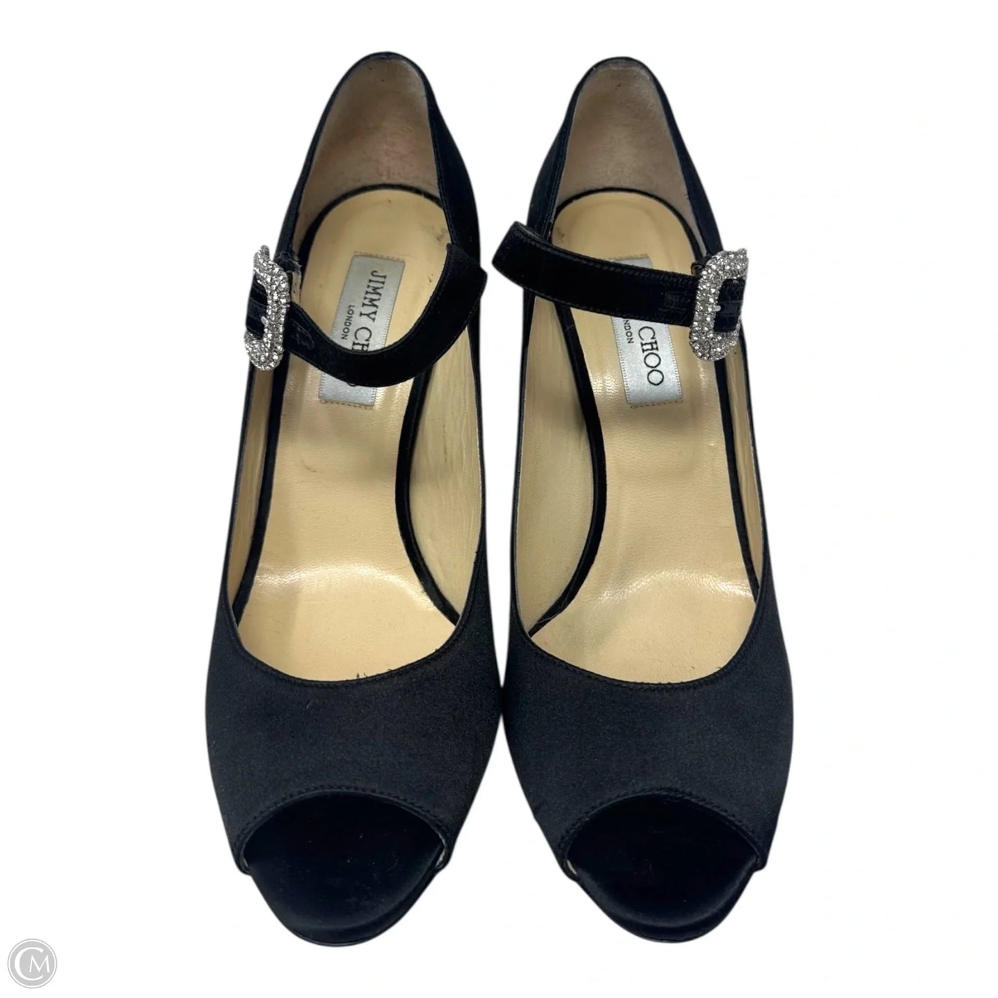 Embellished Buckle Peep Tor Heels Shoes Luxury Designer By Jimmy Choo In Black, Size: 11 (IT 41)