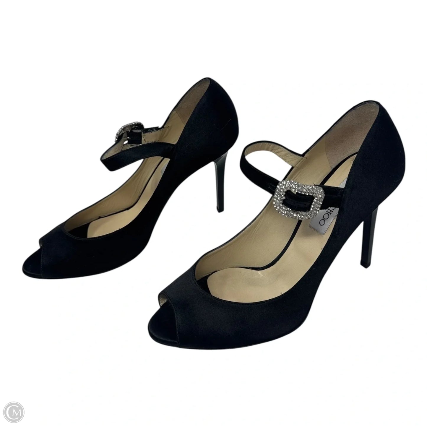 Embellished Buckle Peep Tor Heels Shoes Luxury Designer By Jimmy Choo In Black, Size: 11 (IT 41)