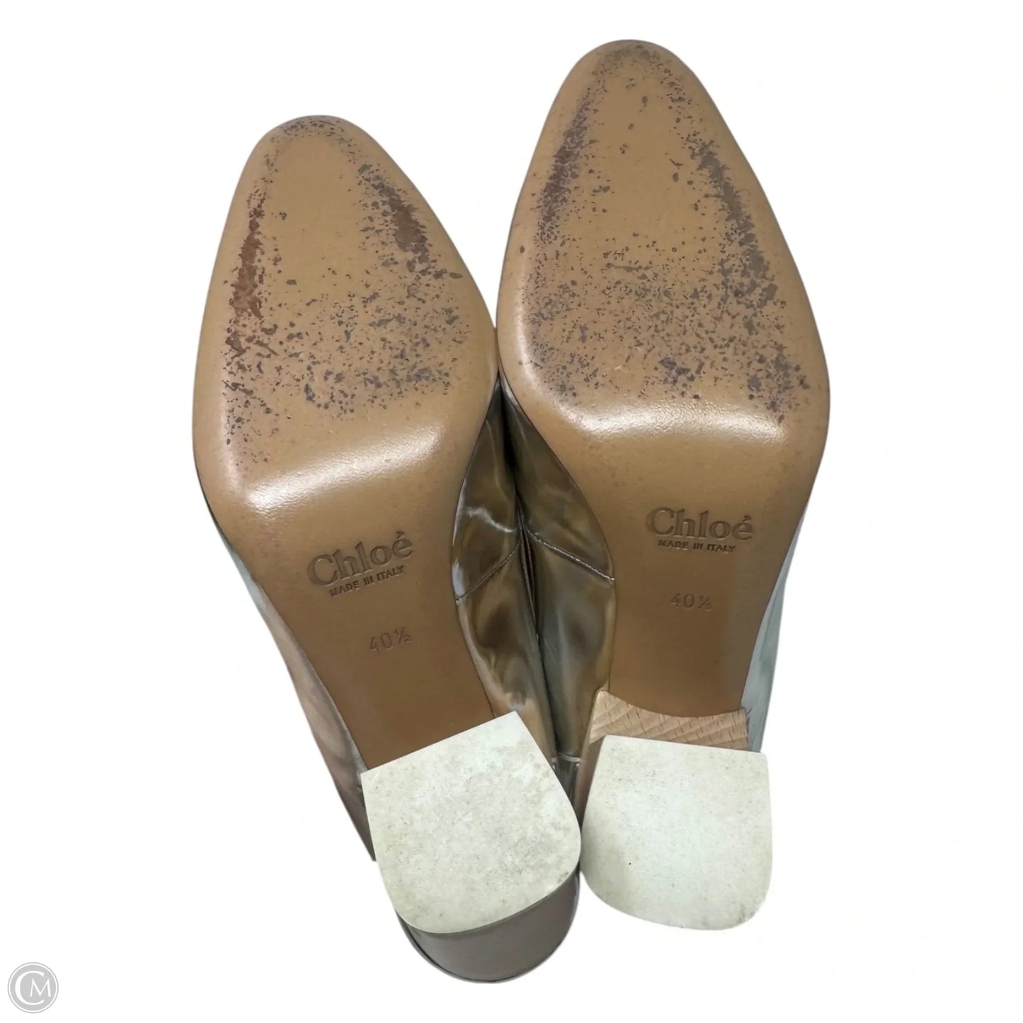 Metallic Wood Block Heel Shoes Luxury Designer By Chloé In Silver, Size: 10.5 (IT 40.5)