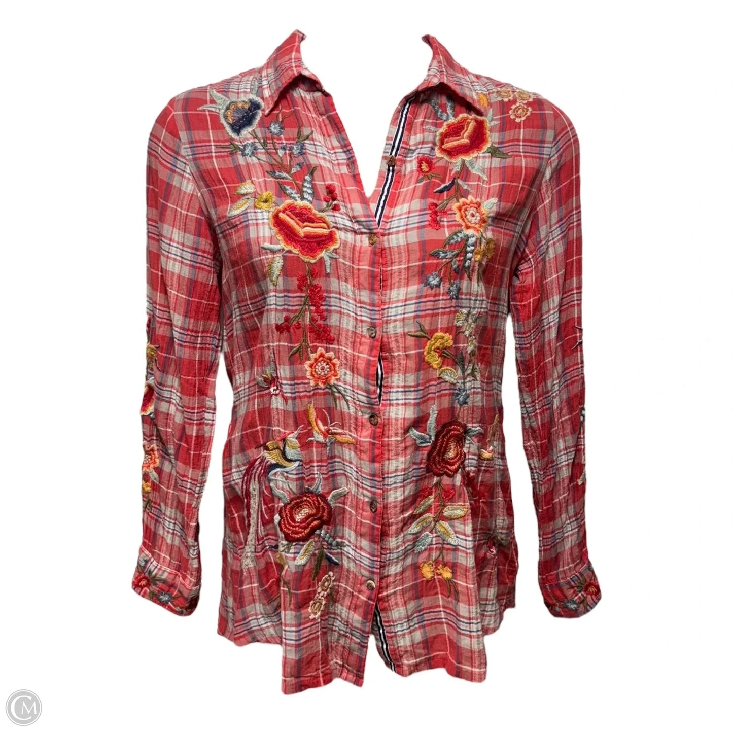 Embroidered Top Long Sleeve By Johnny Was In Plaid Pattern, Size: M
