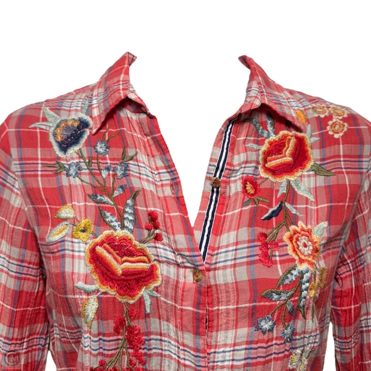 Embroidered Top Long Sleeve By Johnny Was In Plaid Pattern, Size: M