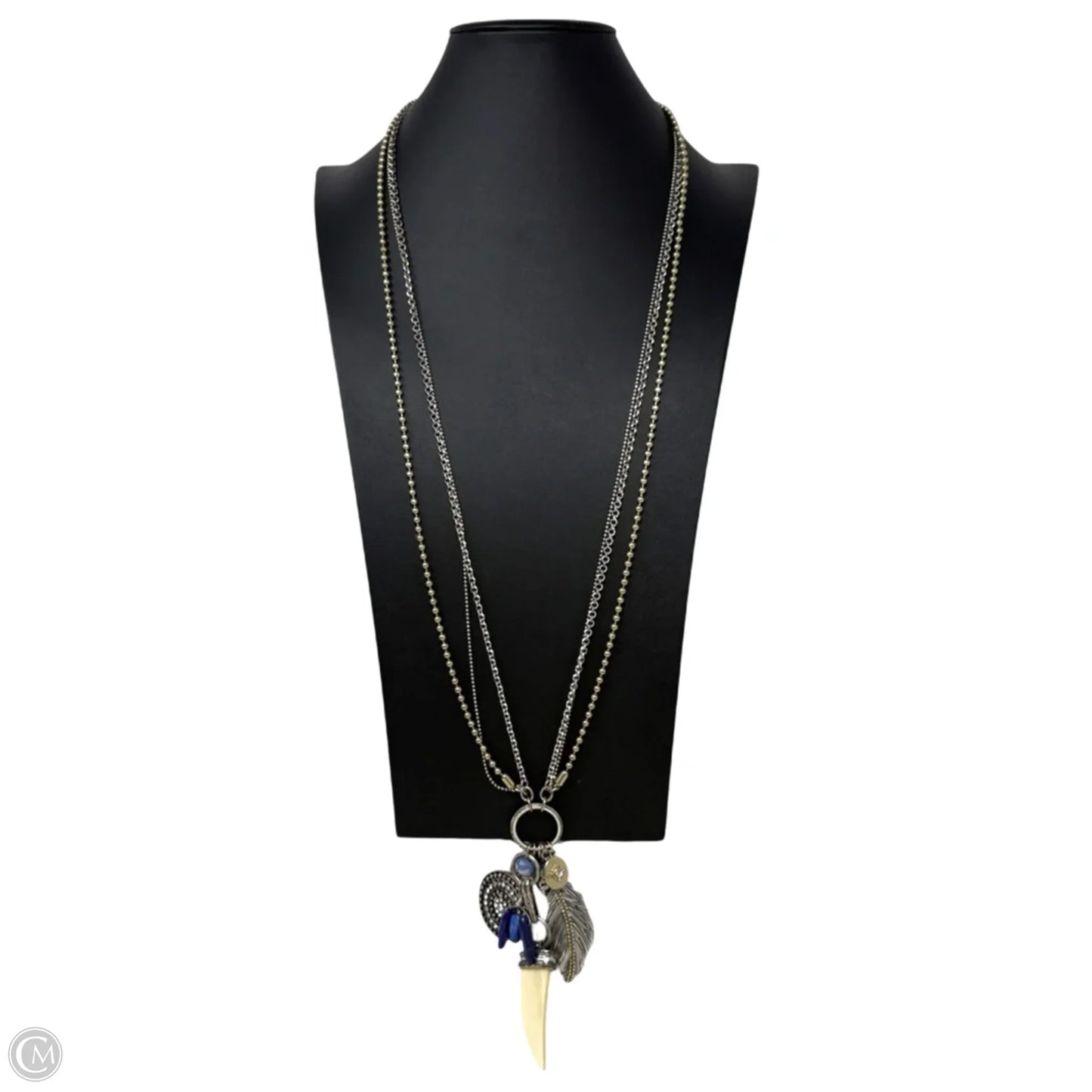 Double Strand Two-Tone Metal Feather & Wolf Tooth Multi Pendant Necklace