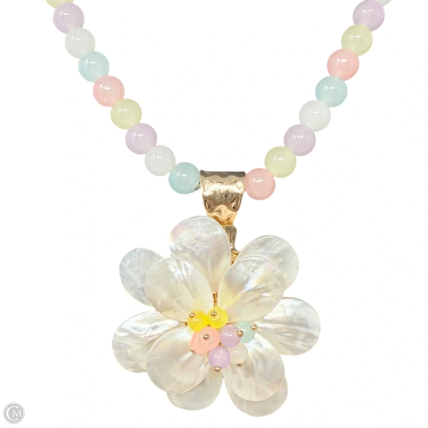 Multicolor Pastel Beaded Mother of Pearl Flower Pendant Statement Necklace
