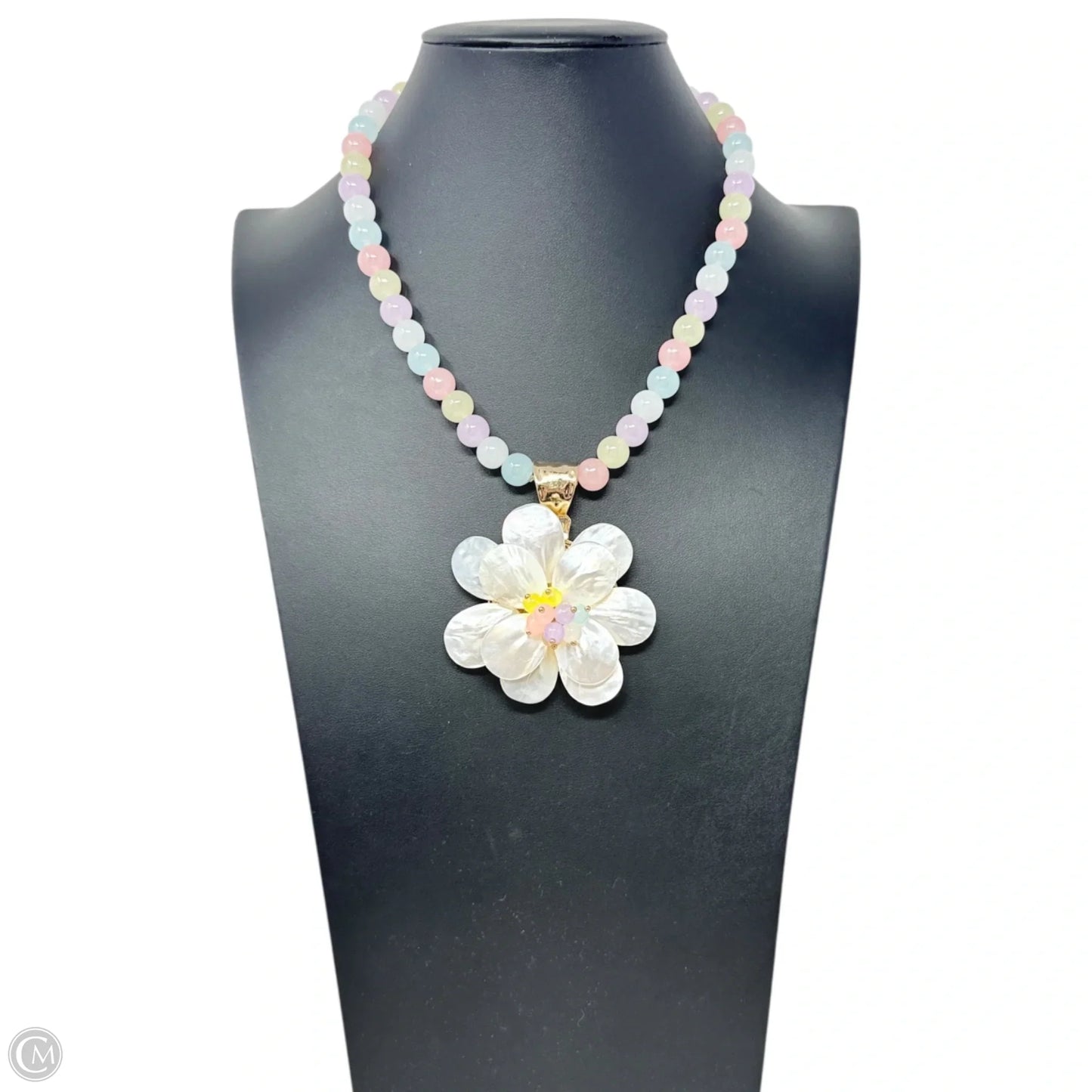 Multicolor Pastel Beaded Mother of Pearl Flower Pendant Statement Necklace